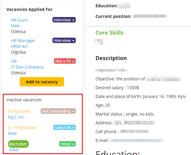 CleverStaff _ Inactive vacancies are displayed in candidates’ profiles