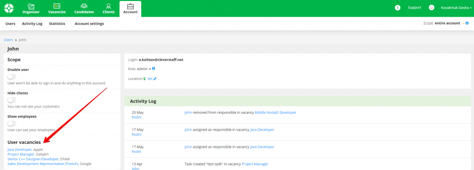 вакансії користувача